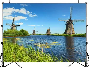 Photography Backdrop Photography Background Clear Water River Running Across Windmills Kinderdijk for Photoshoot Portrait Photo Studio Video Prop Birthday Party Booth Decoration 7x5ft