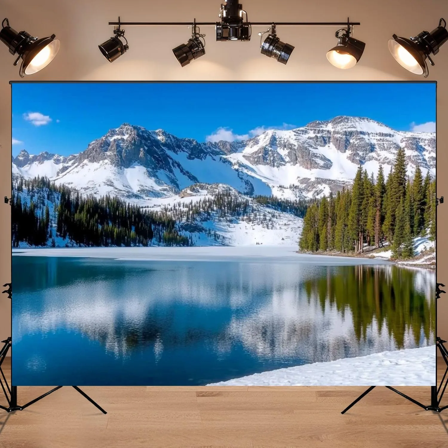 Photography Backdrop Photography Background Snowcapped Mountain Blue Sky Reflecting Lake Lake Scenic Alpine for Photoshoot Portrait Photo Studio Video Prop Birthday Party Booth Decoration 7x5ft
