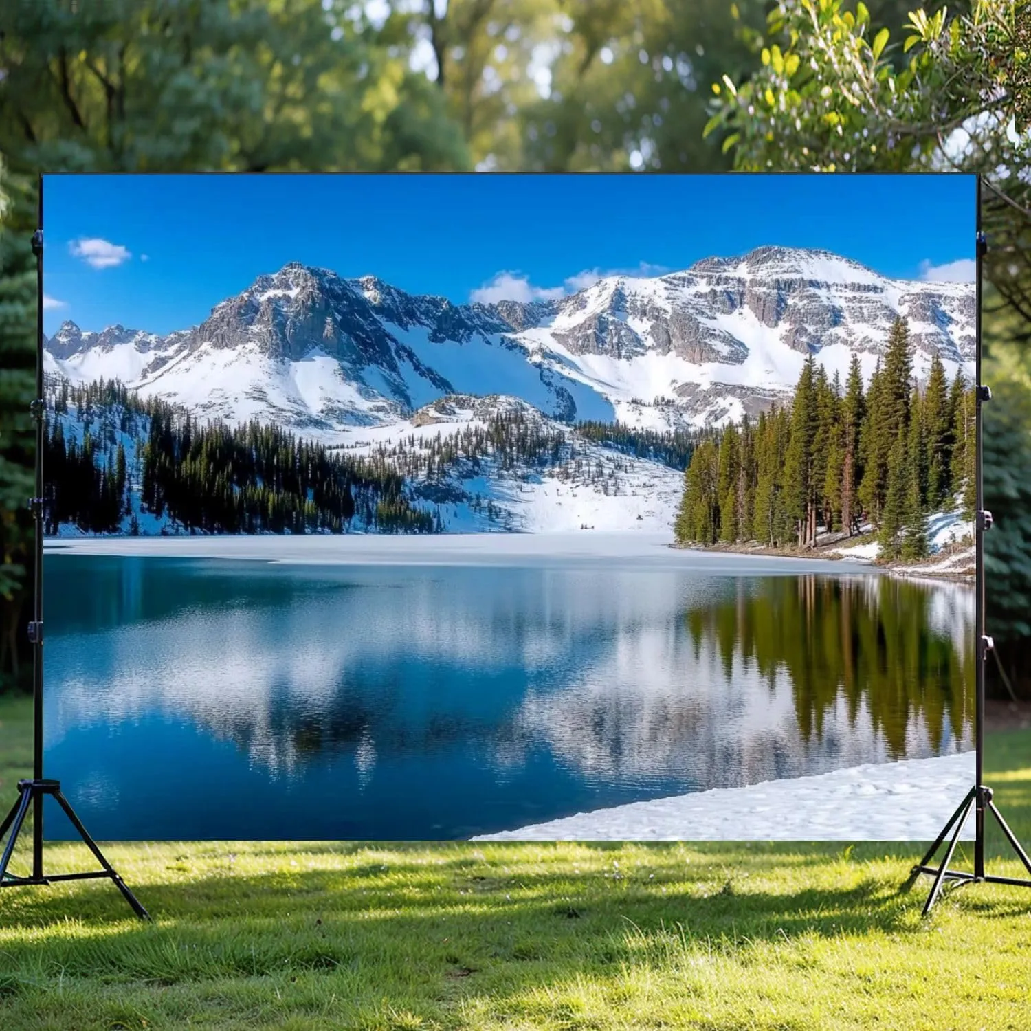 Photography Backdrop Photography Background Snowcapped Mountain Blue Sky Reflecting Lake Lake Scenic Alpine for Photoshoot Portrait Photo Studio Video Prop Birthday Party Booth Decoration 7x5ft