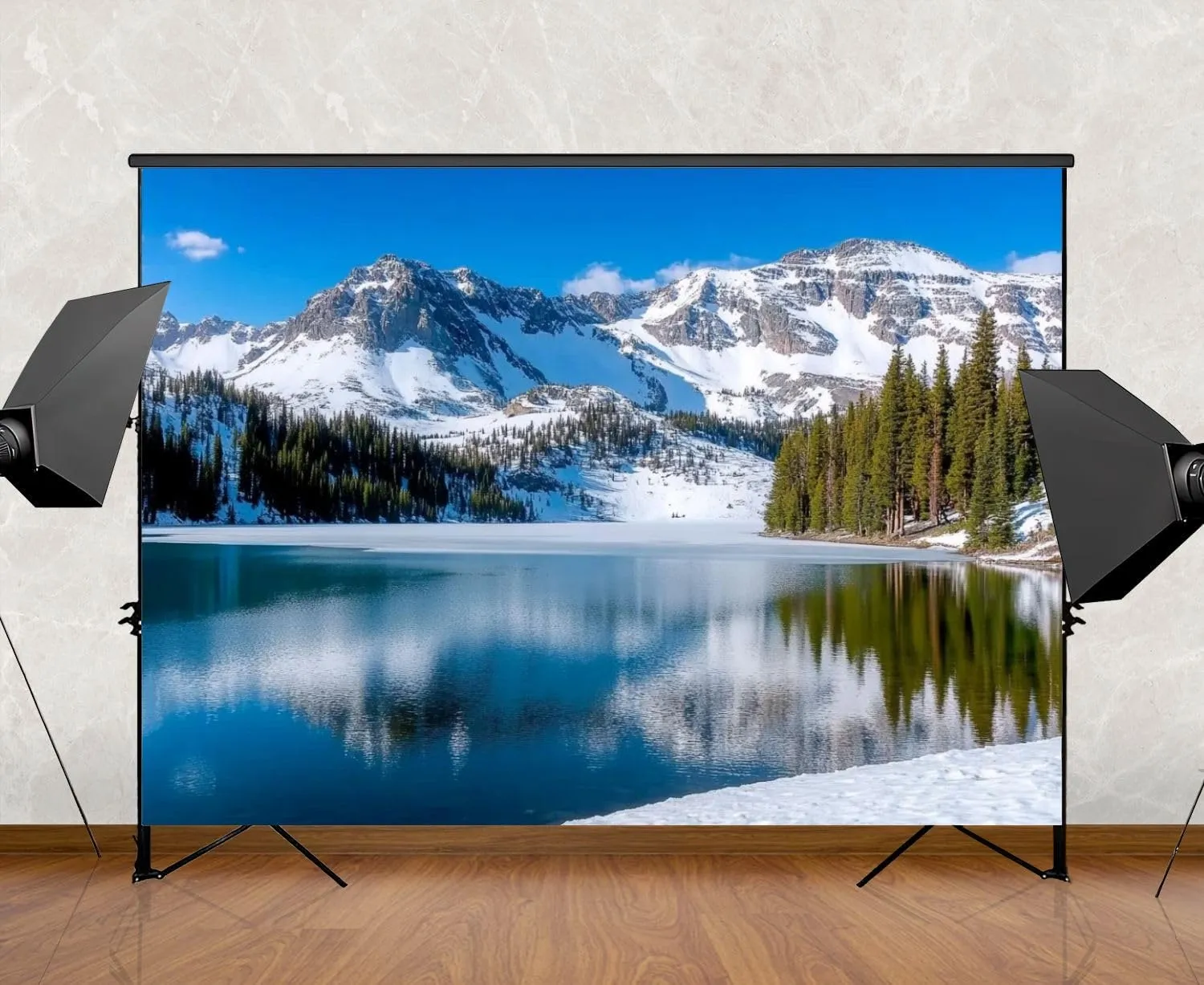 Photography Backdrop Photography Background Snowcapped Mountain Blue Sky Reflecting Lake Lake Scenic Alpine for Photoshoot Portrait Photo Studio Video Prop Birthday Party Booth Decoration 7x5ft