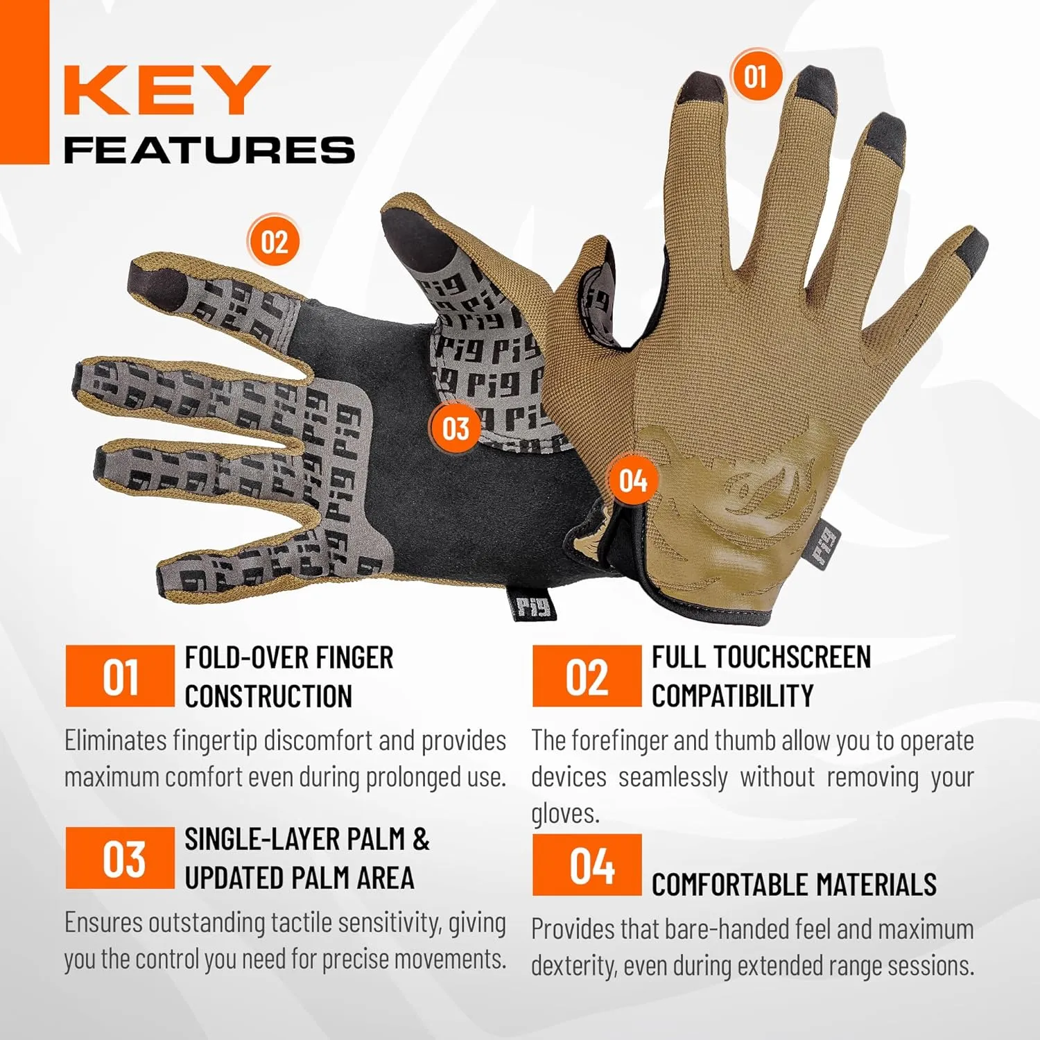 PIG Delta Utility Tactical Gloves, Touchscreen Compatible, High Dexterity, for Shooting, 1 Pair