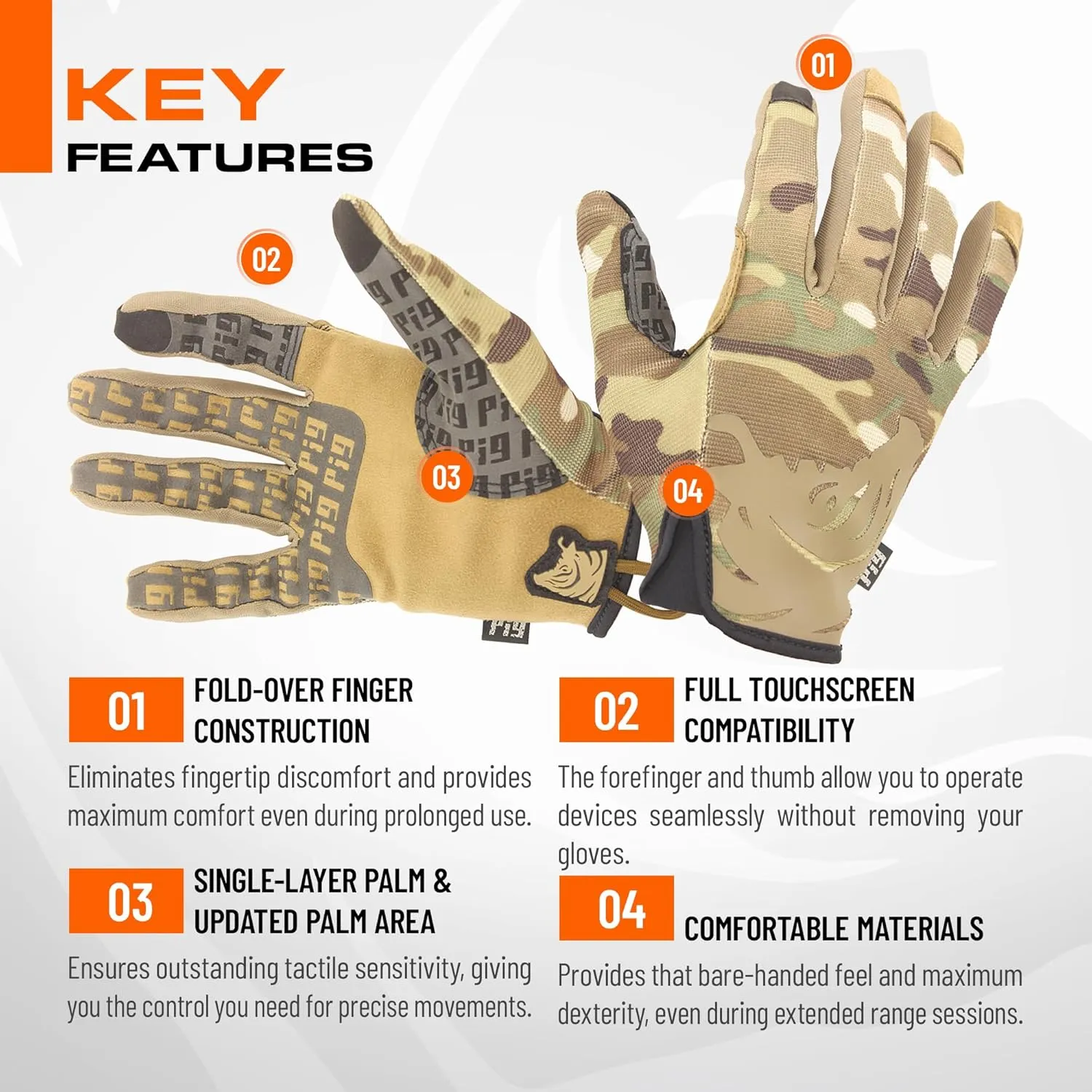 PIG Delta Utility Tactical Gloves, Touchscreen Compatible, High Dexterity, for Shooting, 1 Pair