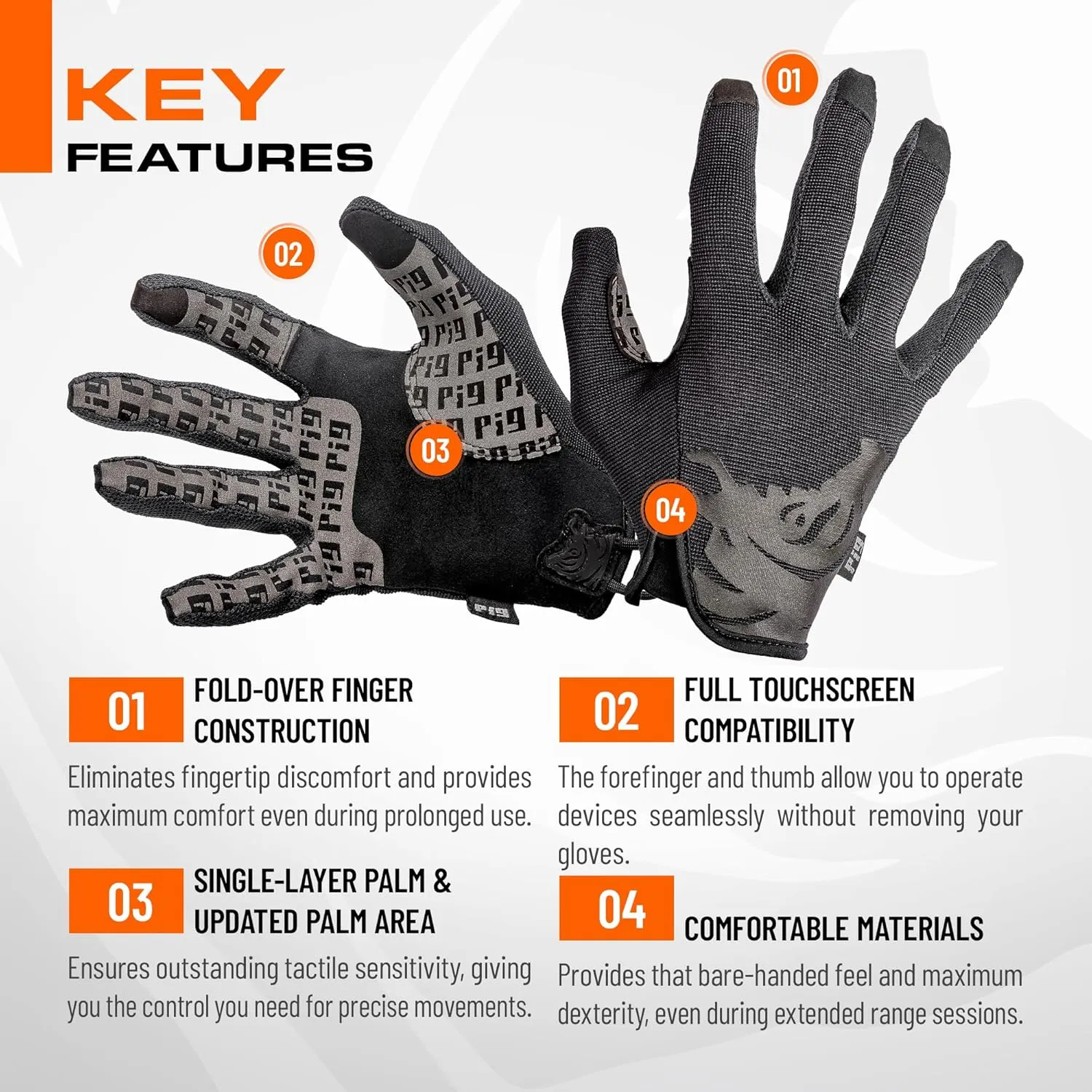 PIG Delta Utility Tactical Gloves, Touchscreen Compatible, High Dexterity, for Shooting, 1 Pair