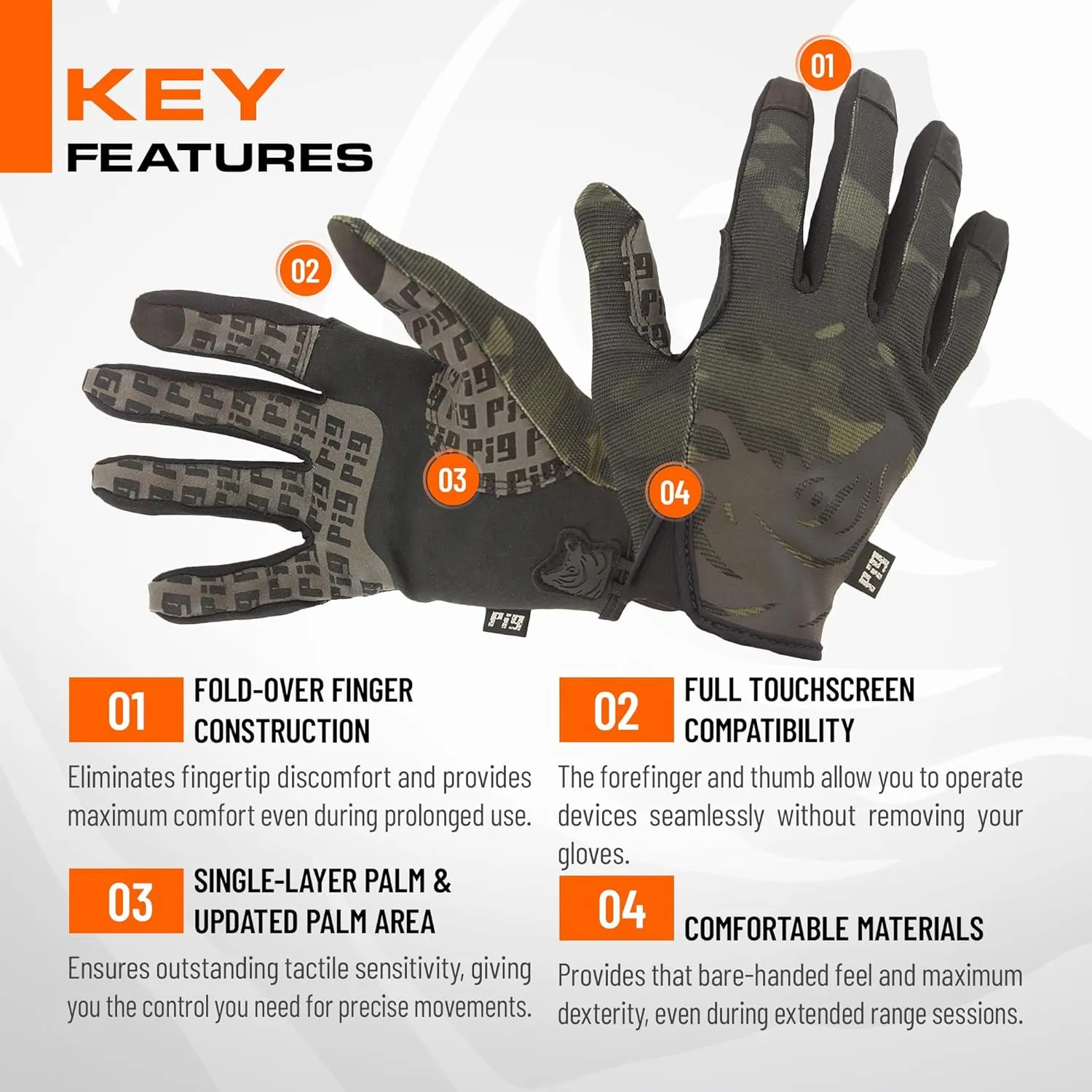 PIG Delta Utility Tactical Gloves, Touchscreen Compatible, High Dexterity, for Shooting, 1 Pair