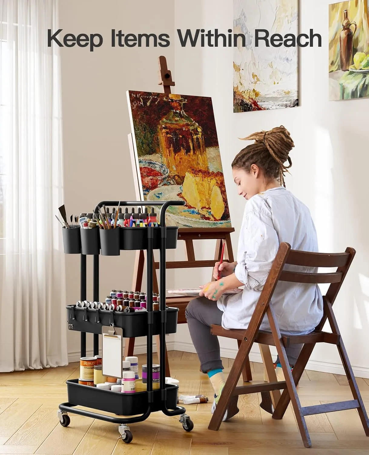 Pipishell 3-Tier Rolling Cart with Wheels, 3 Hanging Cups & 4 Hooks, Mobile Art & Craft Cart Organizer for Office, Kitchen, Craft Room, Black, PIUC06B