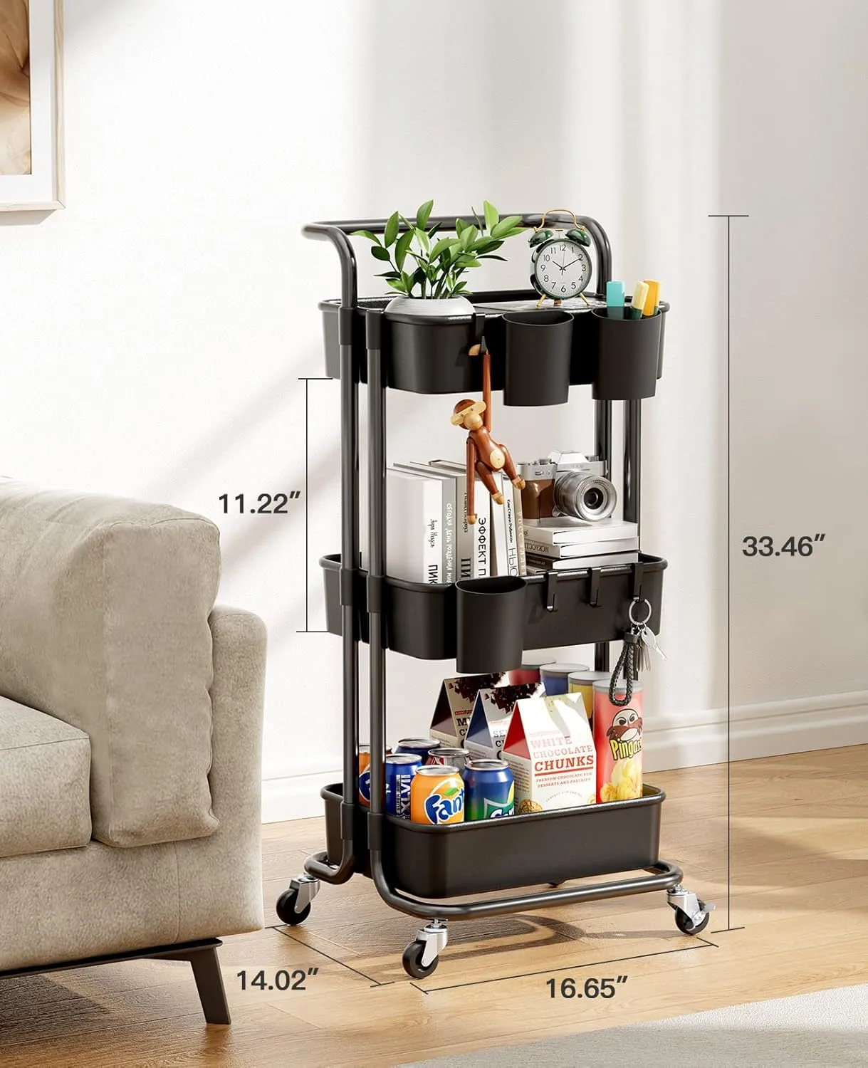 Pipishell 3-Tier Rolling Cart with Wheels, 3 Hanging Cups & 4 Hooks, Mobile Art & Craft Cart Organizer for Office, Kitchen, Craft Room, Black, PIUC06B