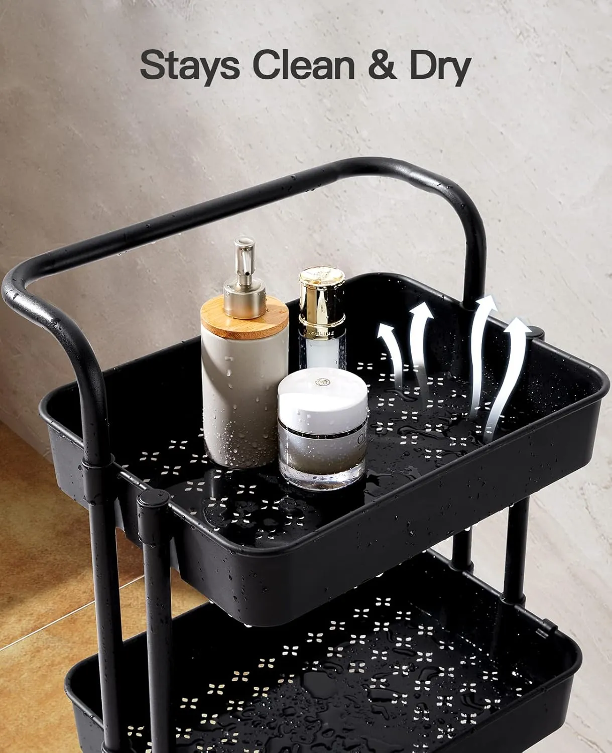 Pipishell 3-Tier Rolling Cart with Wheels, 3 Hanging Cups & 4 Hooks, Mobile Art & Craft Cart Organizer for Office, Kitchen, Craft Room, Black, PIUC06B