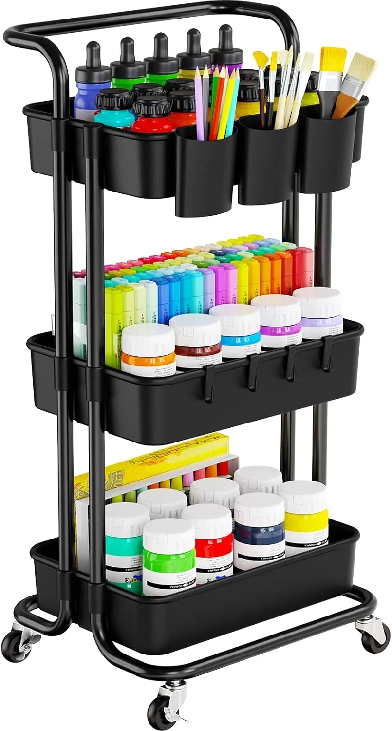 Pipishell 3-Tier Rolling Cart with Wheels, 3 Hanging Cups & 4 Hooks, Mobile Art & Craft Cart Organizer for Office, Kitchen, Craft Room, Black, PIUC06B