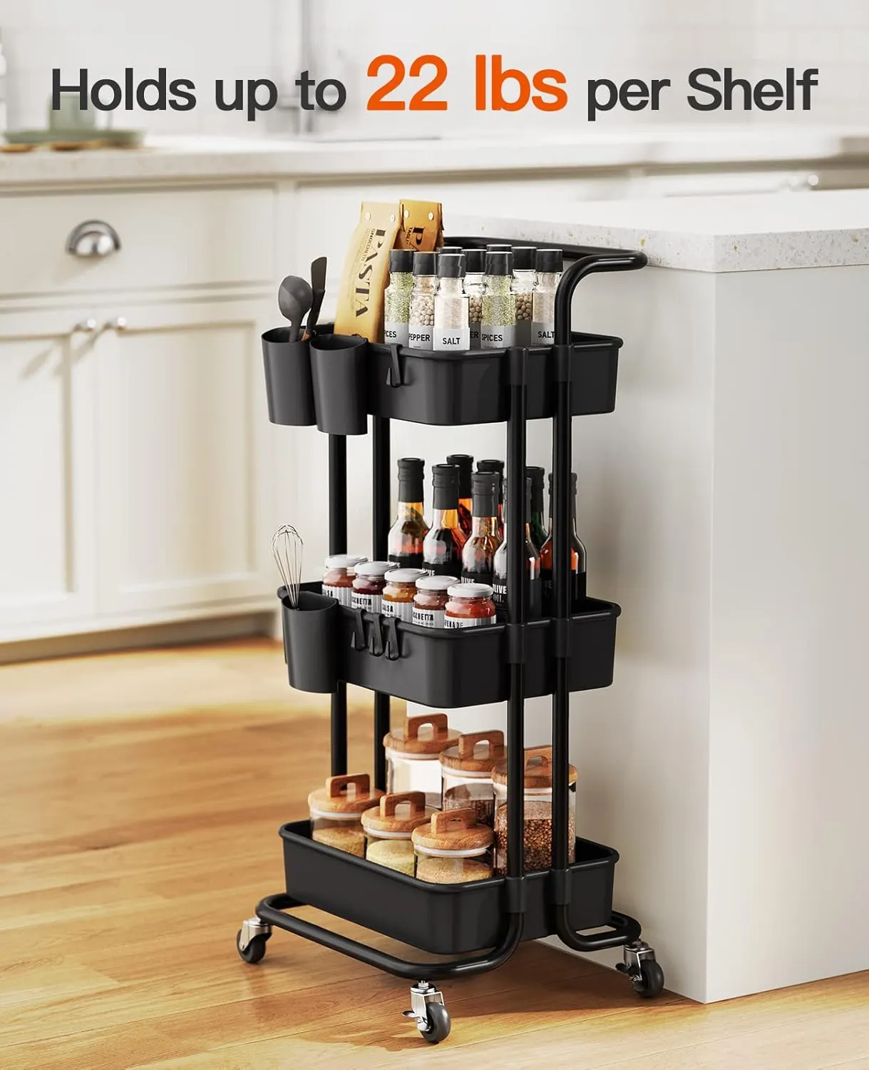 Pipishell 3-Tier Rolling Cart with Wheels, 3 Hanging Cups & 4 Hooks, Mobile Art & Craft Cart Organizer for Office, Kitchen, Craft Room, Black, PIUC06B