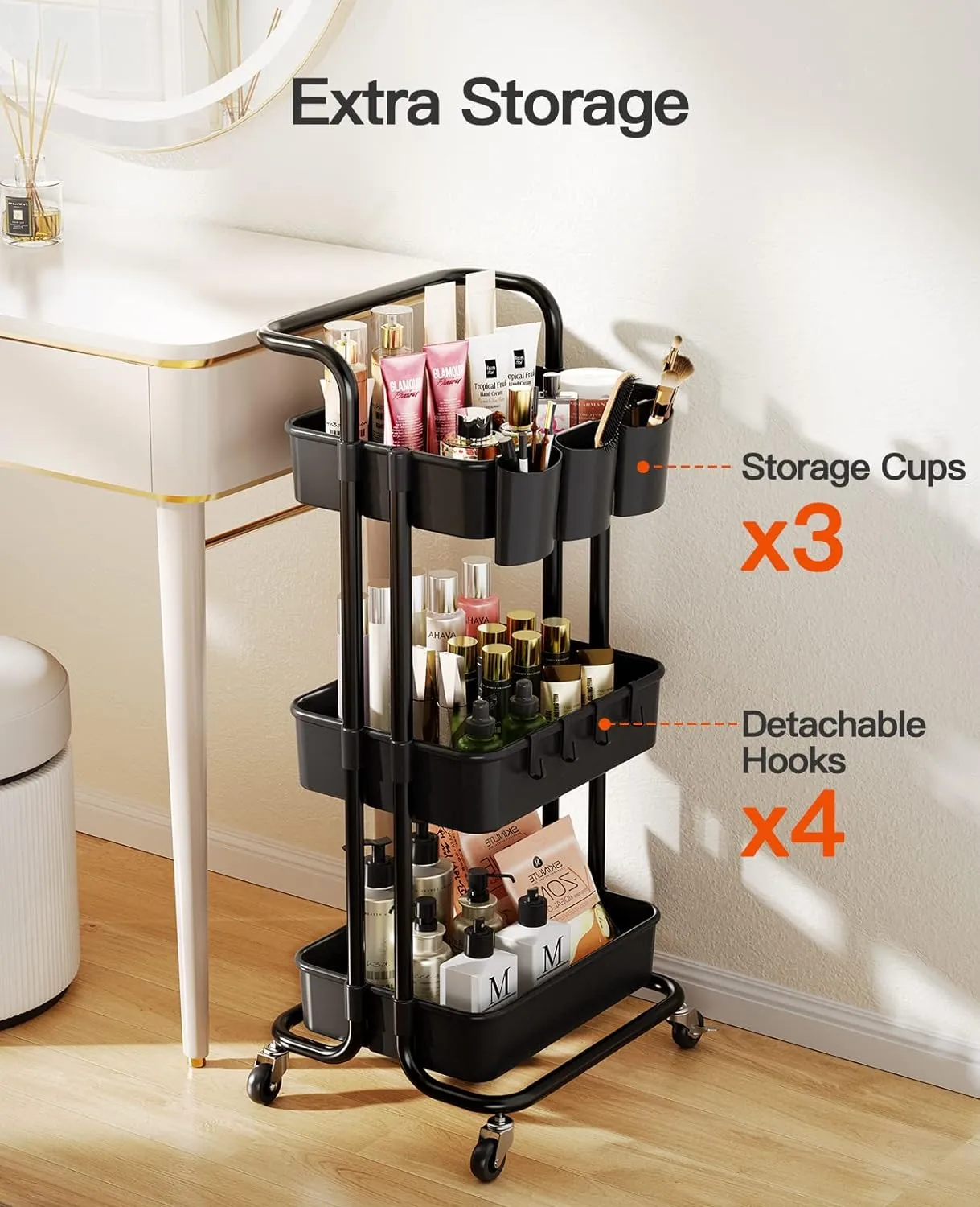 Pipishell 3-Tier Rolling Cart with Wheels, 3 Hanging Cups & 4 Hooks, Mobile Art & Craft Cart Organizer for Office, Kitchen, Craft Room, Black, PIUC06B