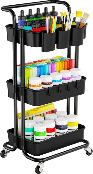 Pipishell 3-Tier Rolling Cart with Wheels, 3 Hanging Cups & 4 Hooks, Mobile Art & Craft Cart Organizer for Office, Kitchen, Craft Room, Black, PIUC06B
