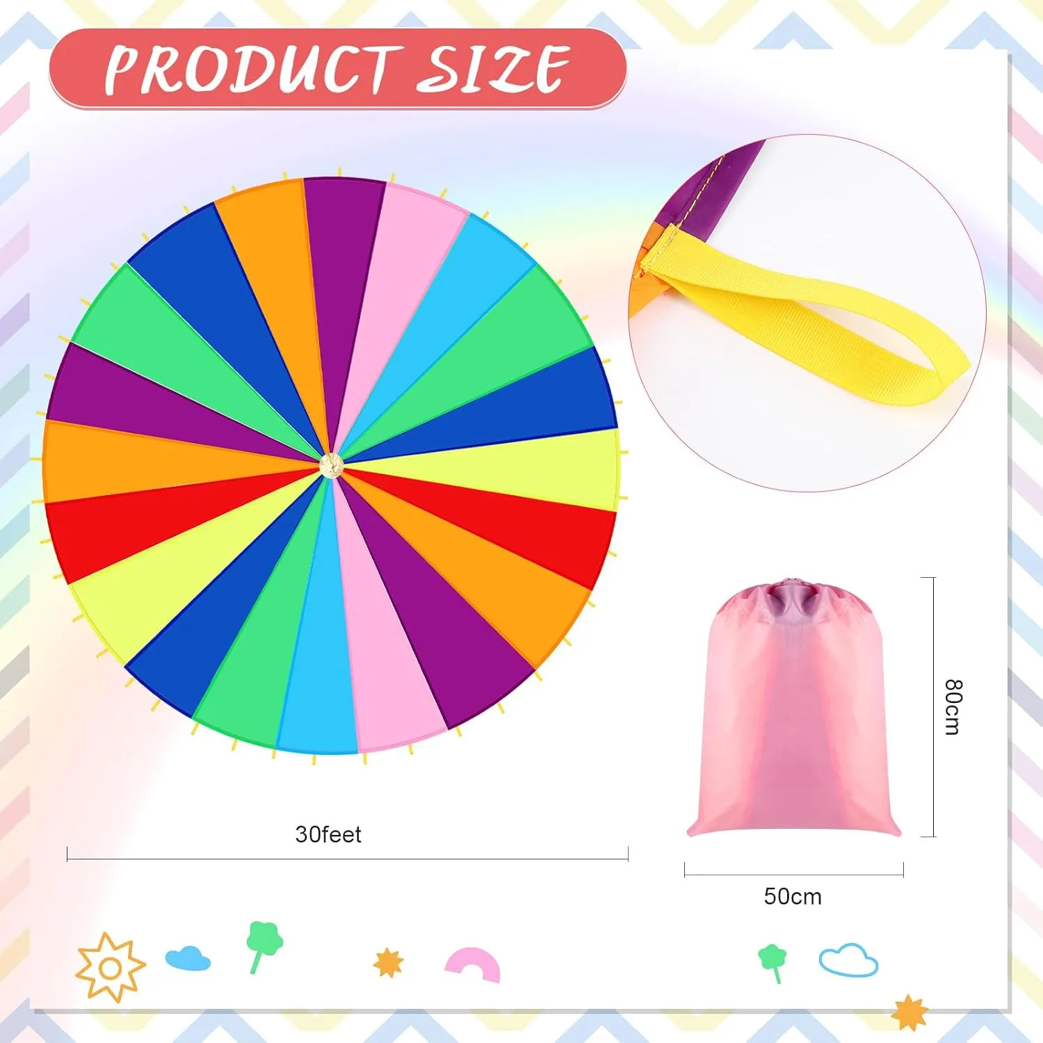 Play Parachute, Large Rainbow Parachute with Handles Multicolored Toy Tent Cooperative Group Play Games for Indoor Outdoor Playground Activities