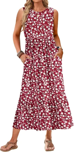 PLOKNRD Women Summer Sleeveless Long Dress Round Neck Sundress Layered Design Includes Practical Pockets