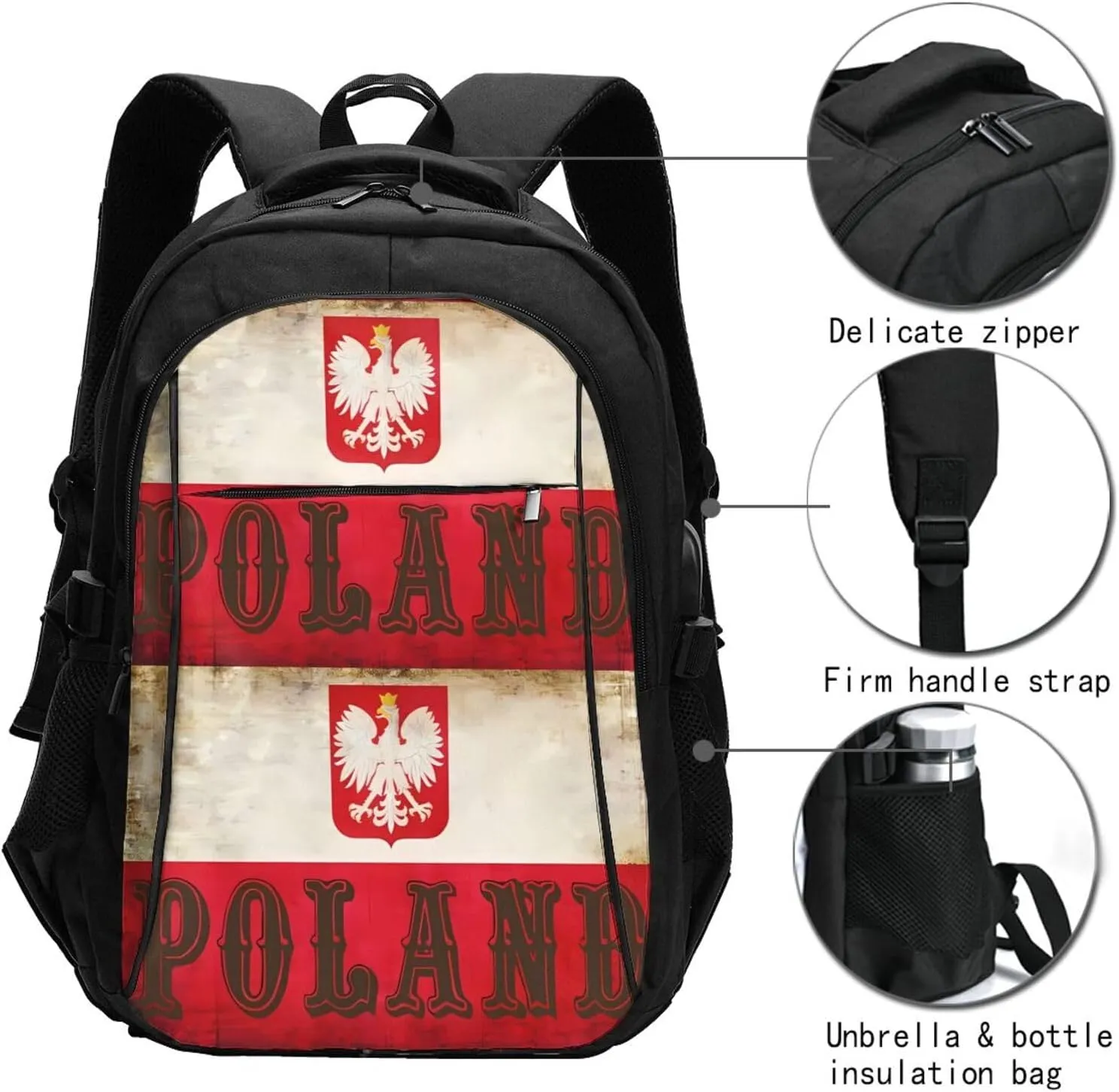 Polish Flag Poland Polska Eagle Casual Travel Backpacks Hiking Camping Backpack Large Outdoor Sport Daypack Laptop Rucksack Climbing Working Bags with USB Port