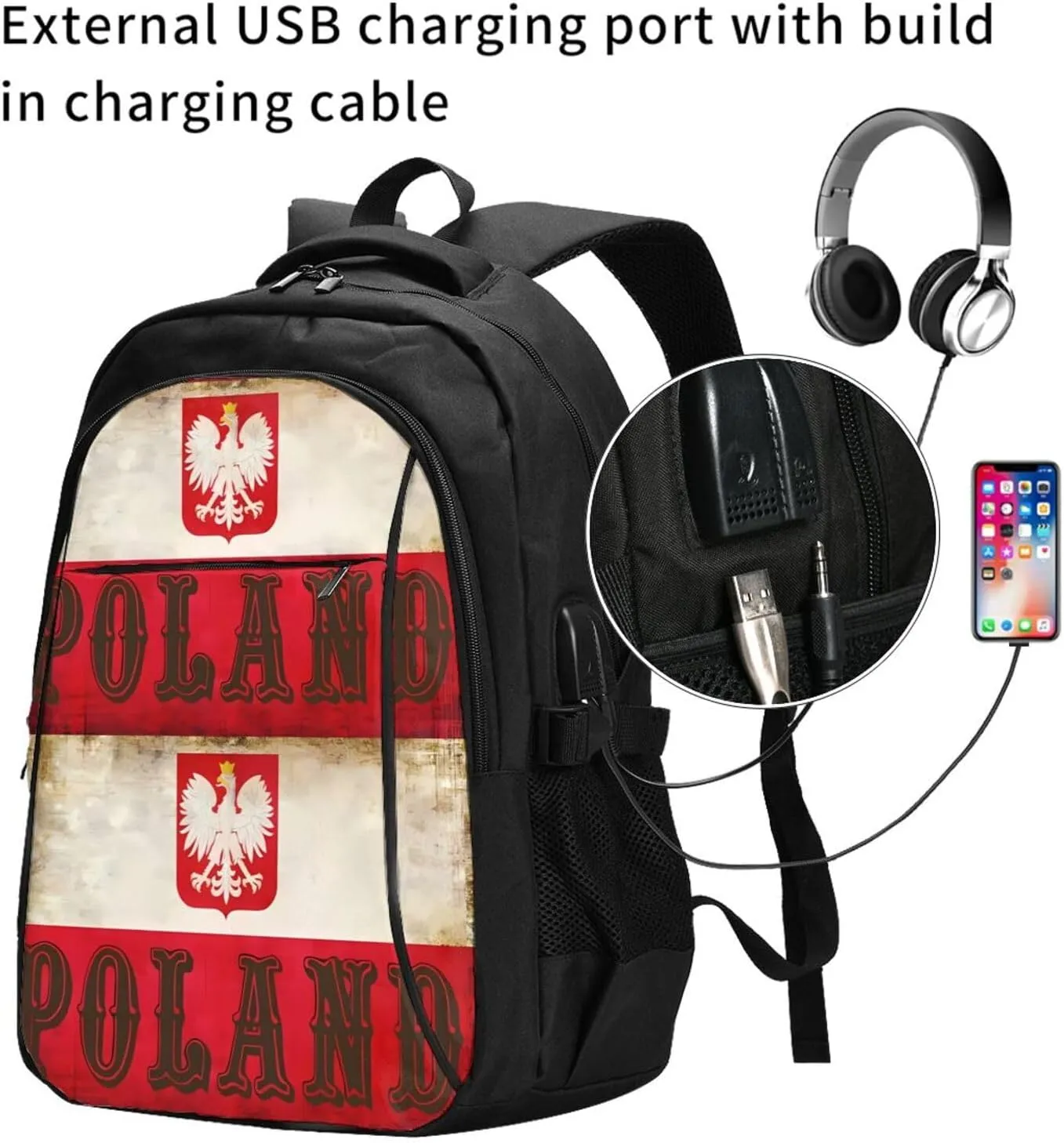 Polish Flag Poland Polska Eagle Casual Travel Backpacks Hiking Camping Backpack Large Outdoor Sport Daypack Laptop Rucksack Climbing Working Bags with USB Port