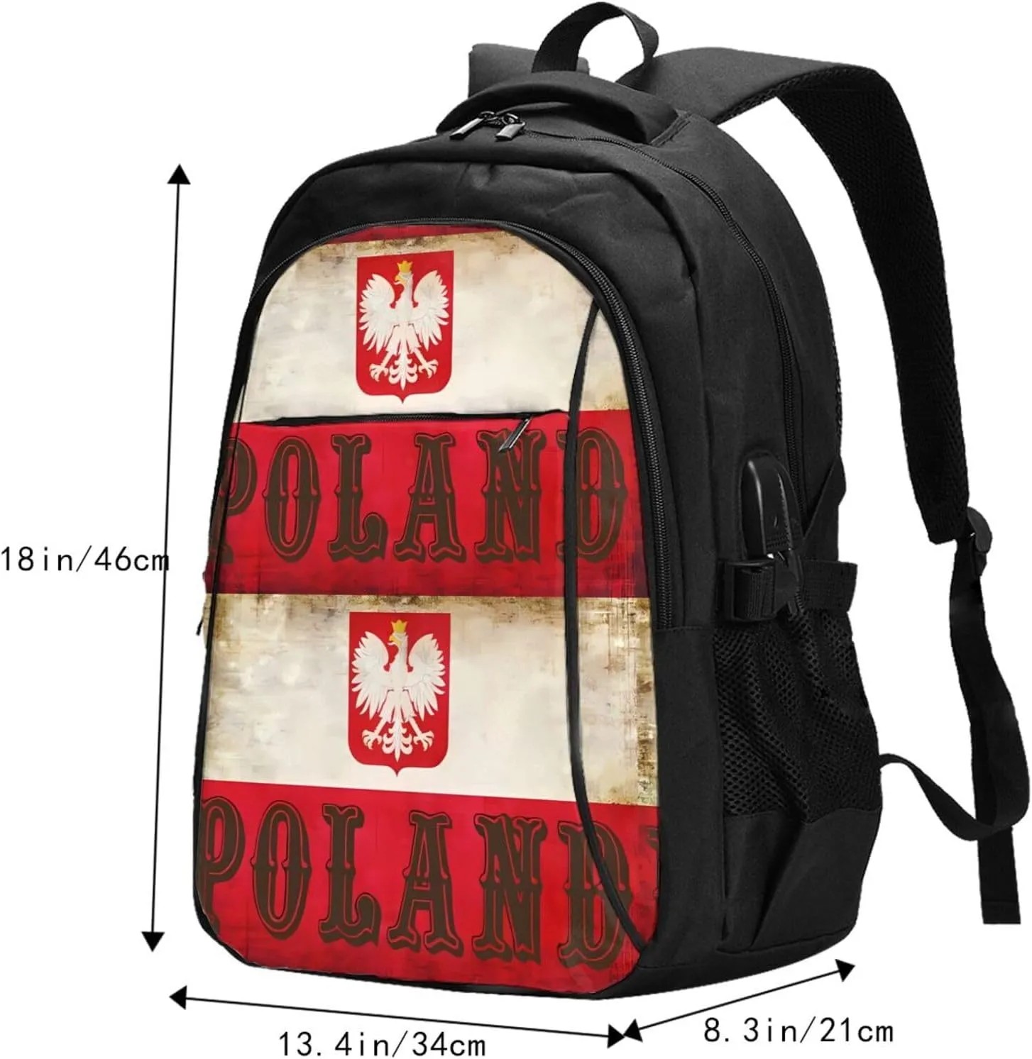 Polish Flag Poland Polska Eagle Casual Travel Backpacks Hiking Camping Backpack Large Outdoor Sport Daypack Laptop Rucksack Climbing Working Bags with USB Port