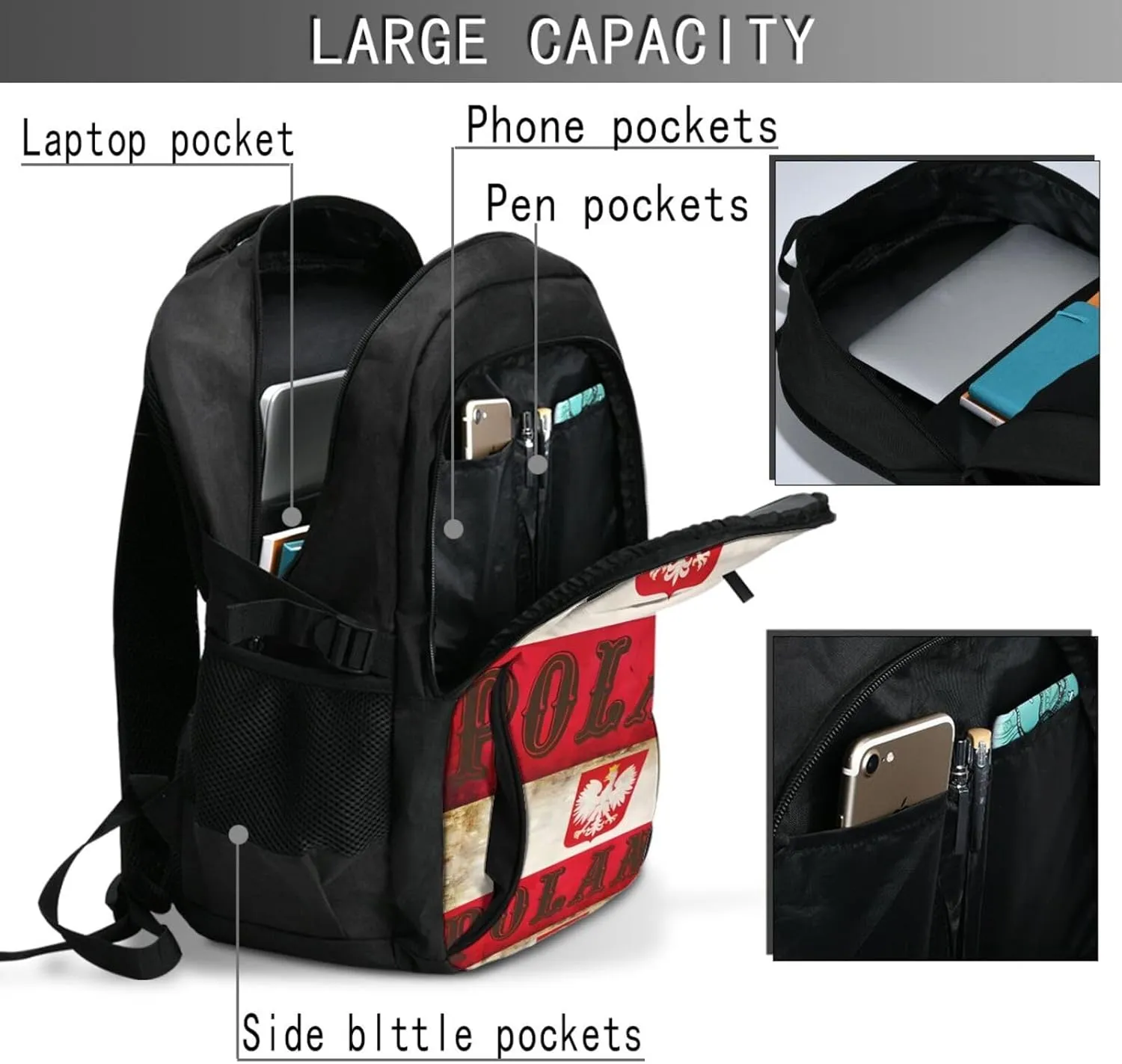 Polish Flag Poland Polska Eagle Casual Travel Backpacks Hiking Camping Backpack Large Outdoor Sport Daypack Laptop Rucksack Climbing Working Bags with USB Port