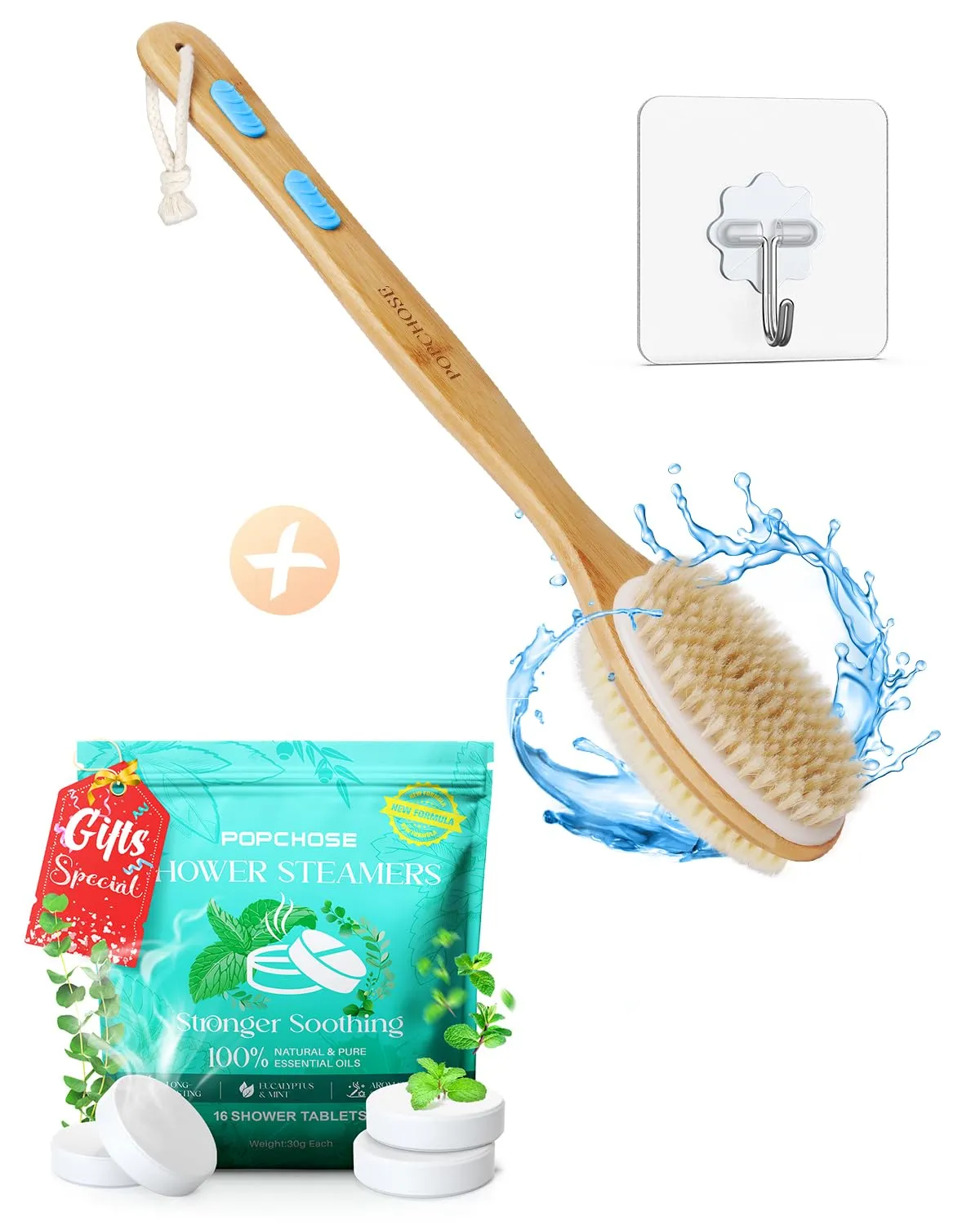 POPCHOSE Eucalyptus Shower Tablets with Essential Oils and POPCHOSE Shower Brush, Back Scrubber for Shower with Long Wooden Handle