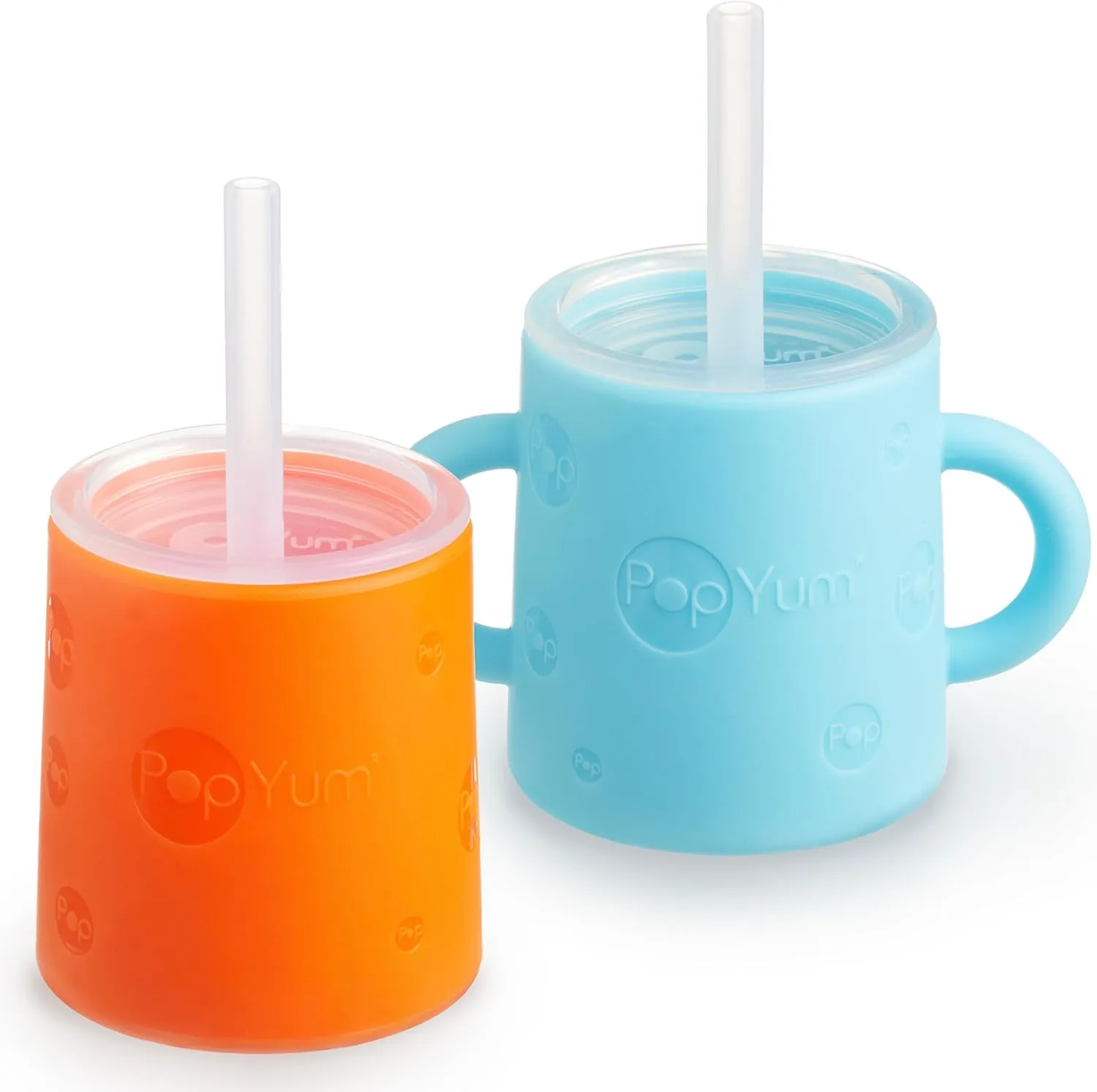 PopYum Silicone Training Cup with Straw   Lid 2-Pack for Baby, Infant and Toddler, Tumbler, Sippy, handles, 5 ounce (blue, orange)