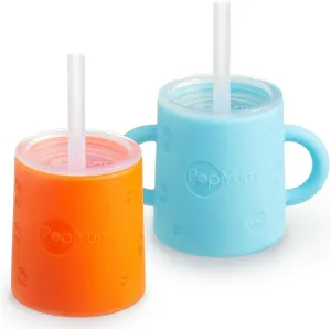 PopYum Silicone Training Cup with Straw   Lid 2-Pack for Baby, Infant and Toddler, Tumbler, Sippy, handles, 5 ounce (blue, orange)
