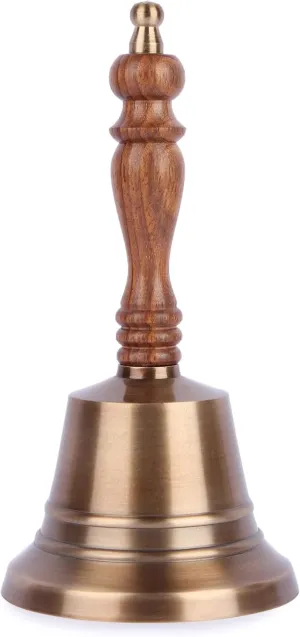 Premium Handheld Service Bell - Large Solid Brass Call Bell with Wooden Handle, Loud Ringing, 8"x 4" Perfect for Church, Restaurant, Hotel, Christmas, Birthday, Reception Desk, and Office Use