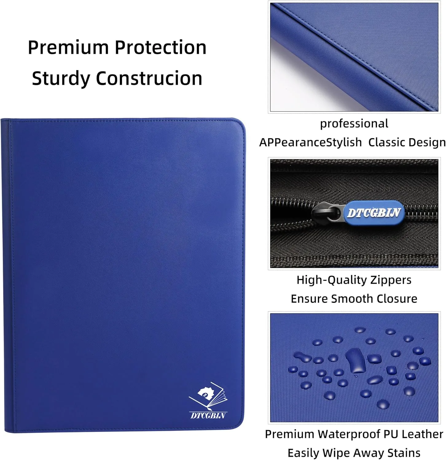 Premium Trading Card Binder for PKM TCG MTG Cards,Holds 1000  Cards,16 -Pocket Ringless Side Loading Binder with Zipper Trading Card Album Folder for TCG - Blue