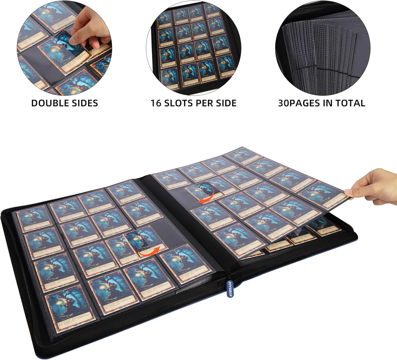 Premium Trading Card Binder for PKM TCG MTG Cards,Holds 1000  Cards,16 -Pocket Ringless Side Loading Binder with Zipper Trading Card Album Folder for TCG - Blue
