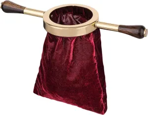 Premium Velvet OFFERING Bag/Collection Basket with Brass & Wooden Handle – 5.11 inch Diameter, Burgundy Church Collection Basket, Sturdy & Elegant for Church Services