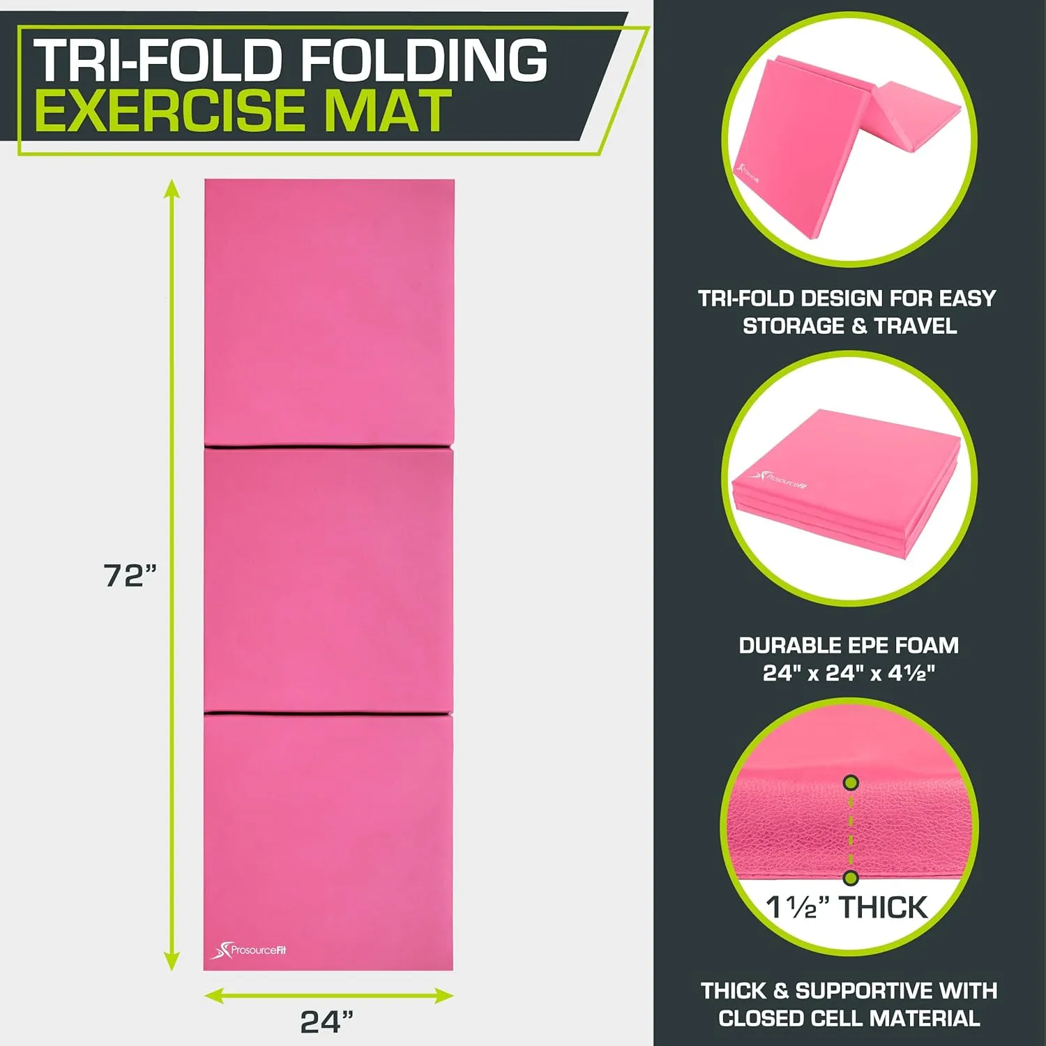 ProsourceFit Tri-Fold Folding Thick Exercise Mat 6'x2' with Carrying Handles for MMA, Gymnastics, Stretching, Core Workouts, Purple