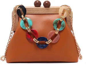 PU Leather Crossbody for Women Durable Evening Bag Wooden Frame Kiss Lock Handbag Purse with Acrylic Shoulder Strap
