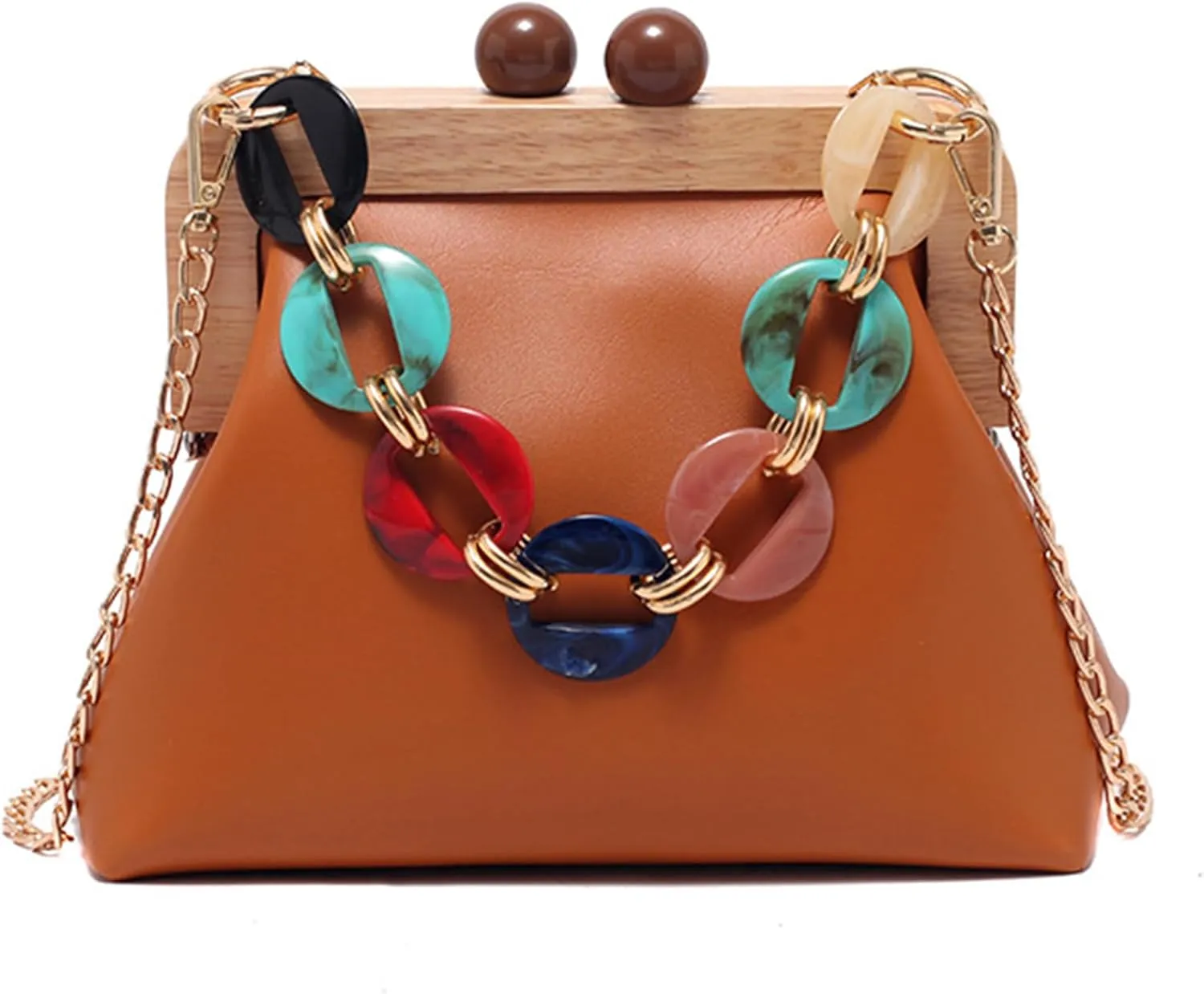 PU Leather Crossbody for Women Durable Evening Bag Wooden Frame Kiss Lock Handbag Purse with Acrylic Shoulder Strap