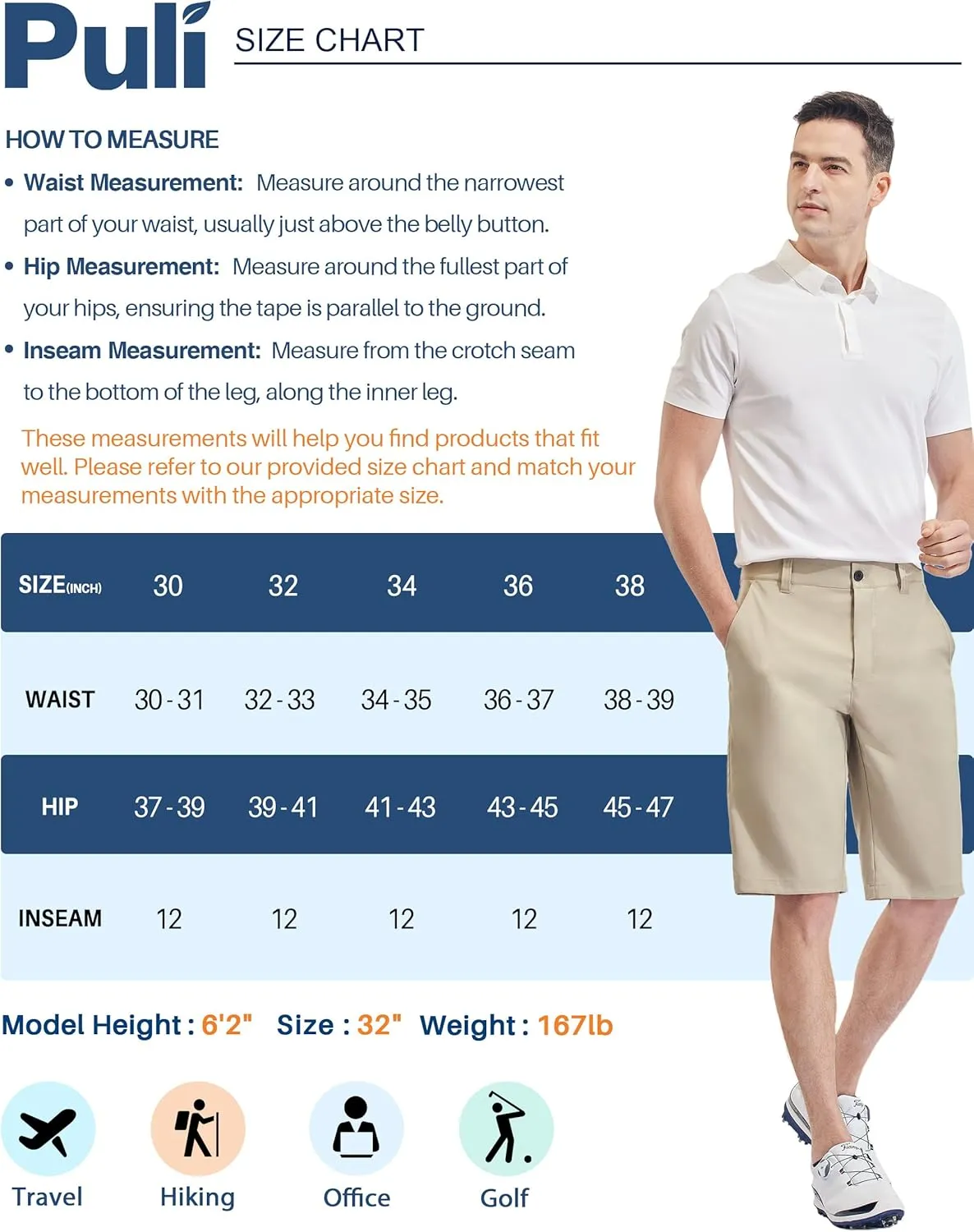 PULI Mens Golf Hiking Shorts Lightweight Casual Dress 12" Inseam Work Stretch Travel Hybrid Quick Drying with Pockets