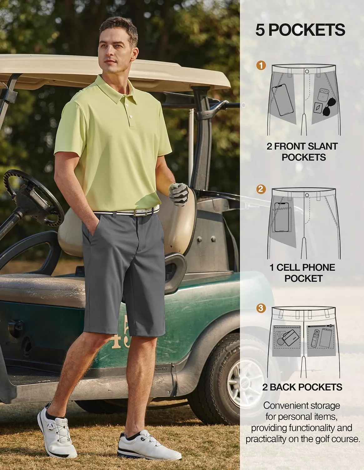 PULI Mens Golf Hiking Shorts Lightweight Casual Dress 12" Inseam Work Stretch Travel Hybrid Quick Drying with Pockets