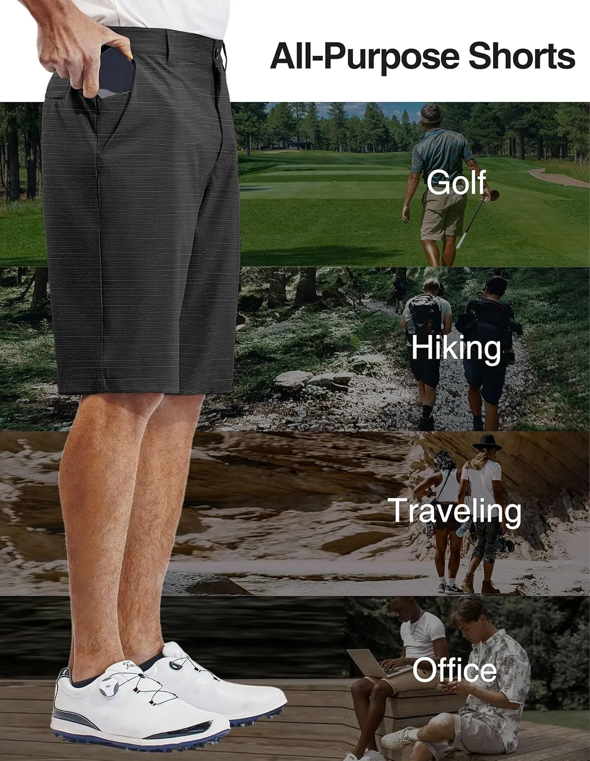 PULI Mens Golf Hiking Shorts Lightweight Casual Dress 12" Inseam Work Stretch Travel Hybrid Quick Drying with Pockets