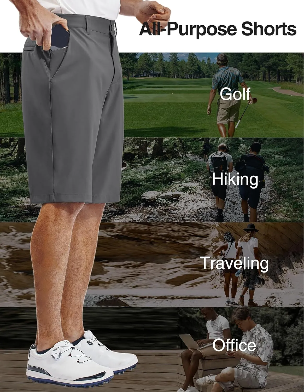 PULI Mens Golf Hiking Shorts Lightweight Casual Dress 12" Inseam Work Stretch Travel Hybrid Quick Drying with Pockets
