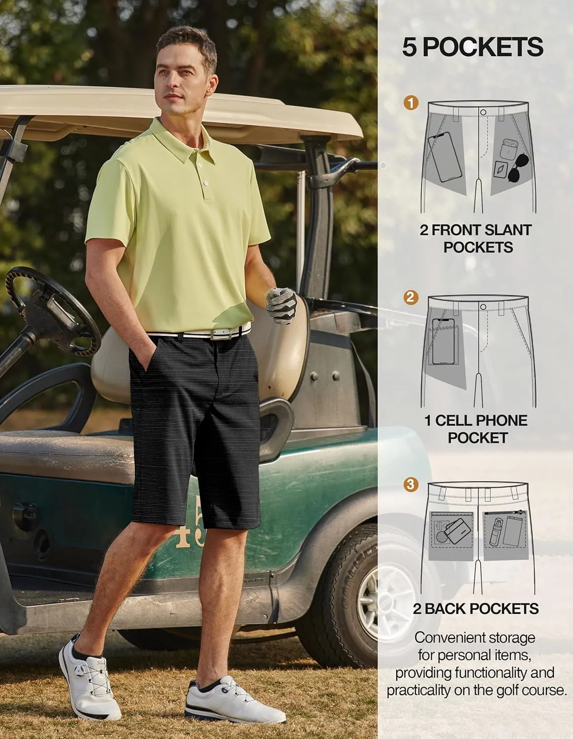 PULI Mens Golf Hiking Shorts Lightweight Casual Dress 12" Inseam Work Stretch Travel Hybrid Quick Drying with Pockets
