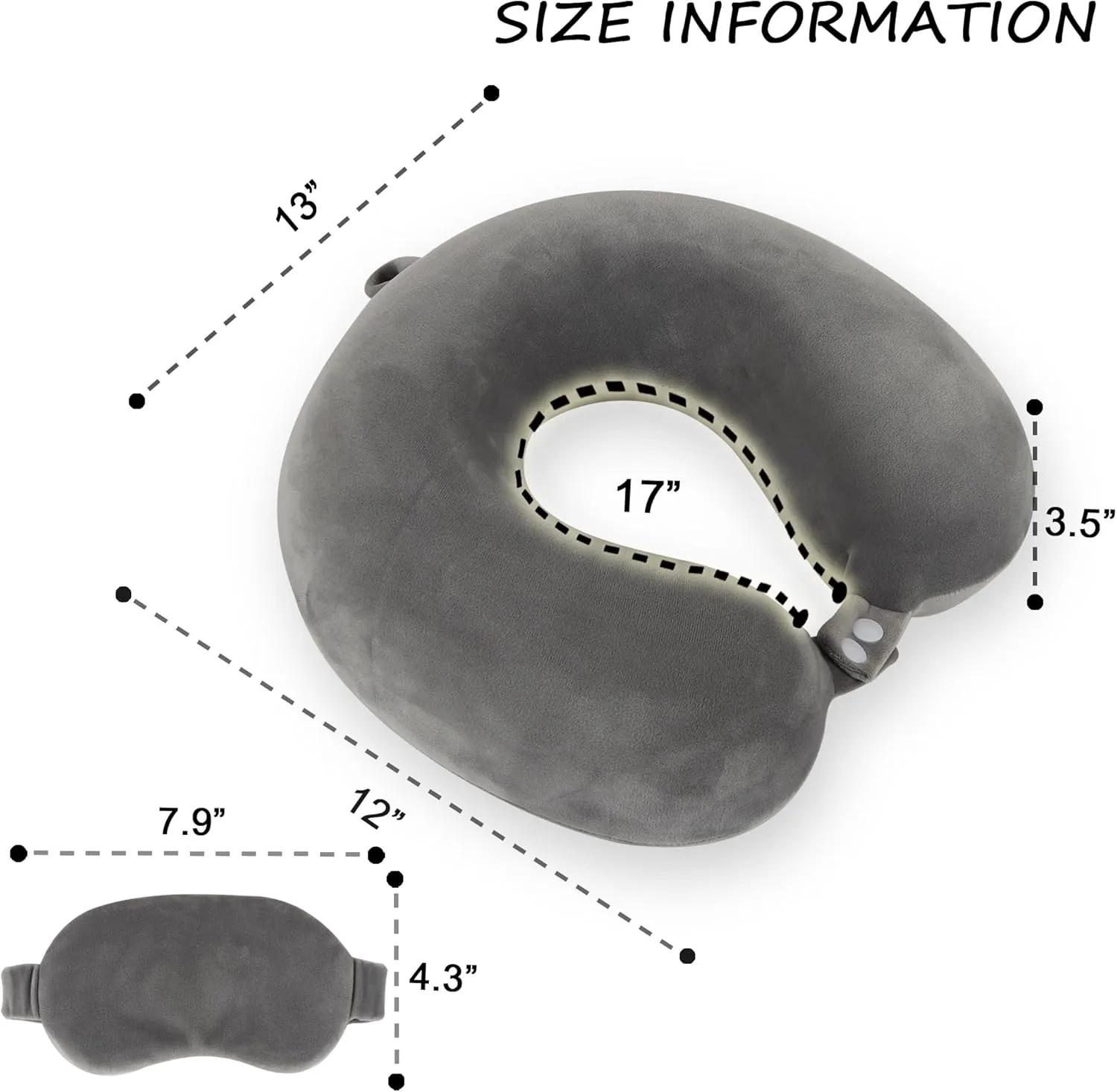 Pure Memory Foam Travel Pillow Set for Adults - Comfortable & Removable Machine Washable Cover, Neck Support Pillow Airplane Travel Kit with Eye Mask for Portable Plane Accessories -Dark Grey