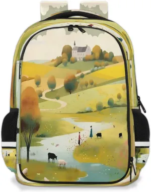 QsirBC Prairie Sheep Landscape Multi Compartment Backpack with Reflective Strips Adjustable Padded Straps Large Capacity Waterproof Duffel Bag for Men Women Work and Daily Use