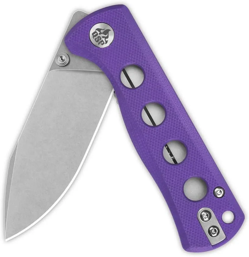 QSP KNIFE CANARY FOLDER POCKET KNIFE, SHARP 14C28N BLADE with COLORFUL G-10 HANDLES (stonewash blade, purple G-10 handle)