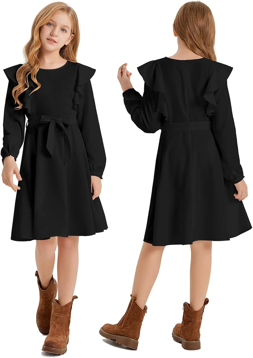 Quedoris Girls Ruffle Trim Dress Print and Solid Color A-line Swing Flared Belted Casual Party Dress with Zipper