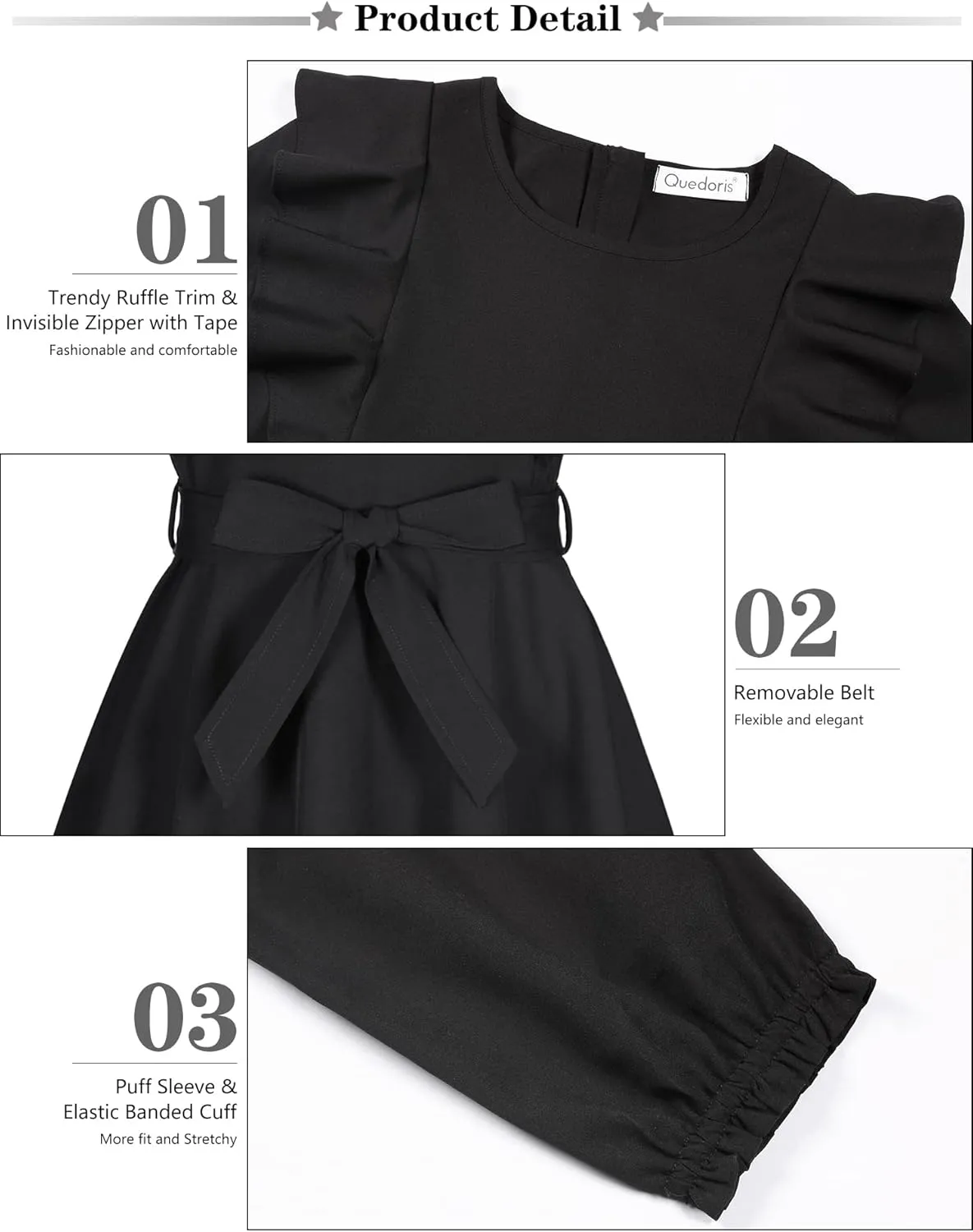 Quedoris Girls Ruffle Trim Dress Print and Solid Color A-line Swing Flared Belted Casual Party Dress with Zipper