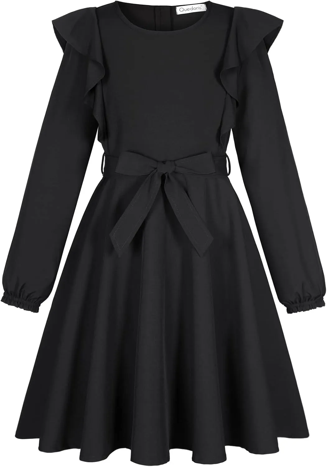 Quedoris Girls Ruffle Trim Dress Print and Solid Color A-line Swing Flared Belted Casual Party Dress with Zipper