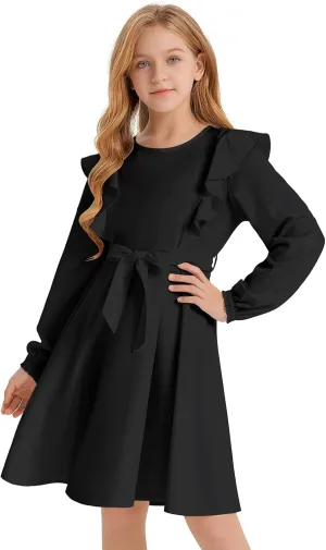 Quedoris Girls Ruffle Trim Dress Print and Solid Color A-line Swing Flared Belted Casual Party Dress with Zipper