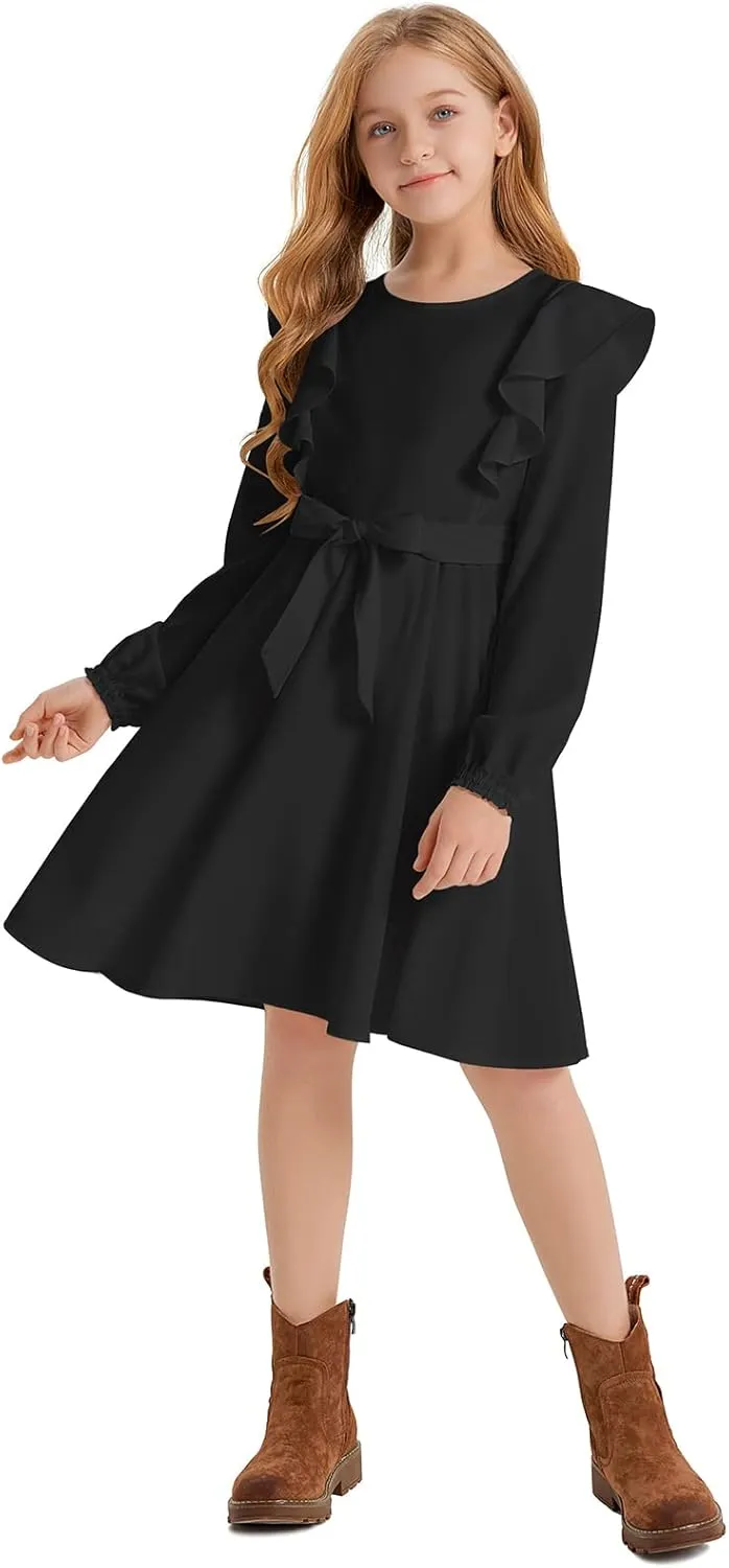 Quedoris Girls Ruffle Trim Dress Print and Solid Color A-line Swing Flared Belted Casual Party Dress with Zipper