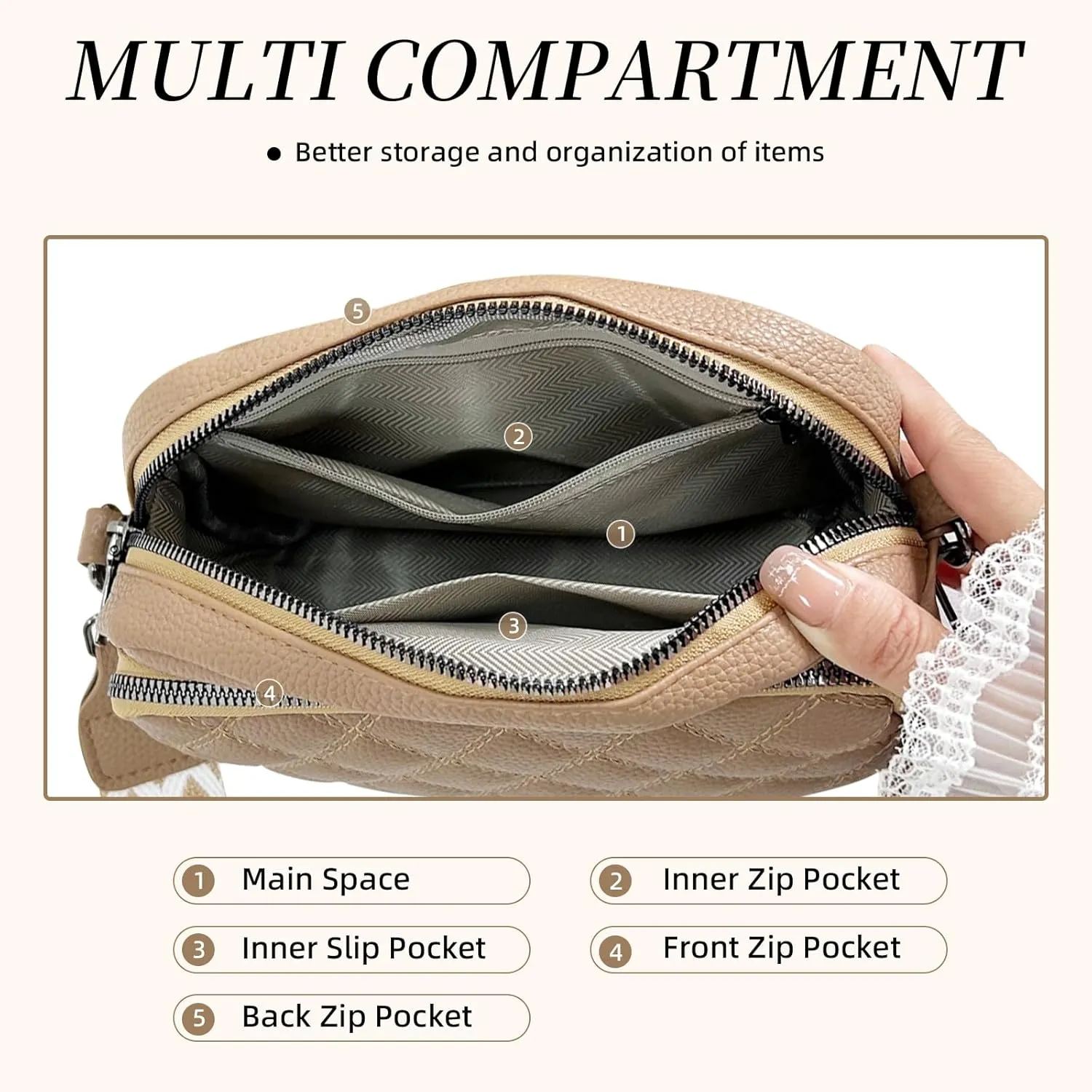 Quilted Purses for Women Crossbody Purse Small Crossbody Bag Leather Shoulder Handbags Wide Guitar Strap Purse