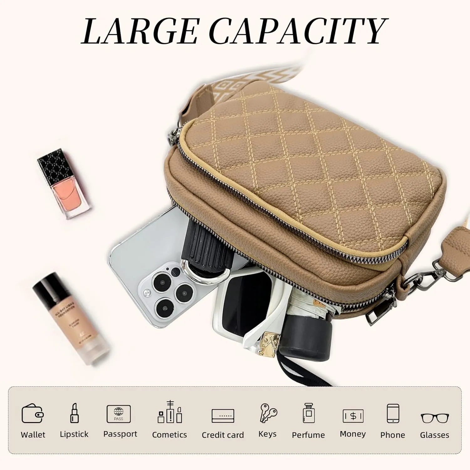 Quilted Purses for Women Crossbody Purse Small Crossbody Bag Leather Shoulder Handbags Wide Guitar Strap Purse