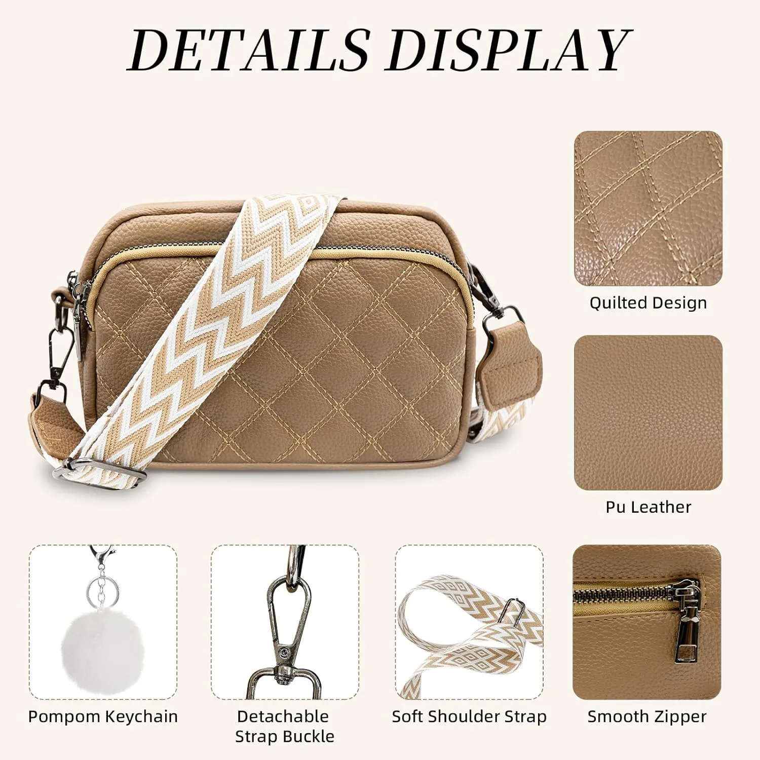 Quilted Purses for Women Crossbody Purse Small Crossbody Bag Leather Shoulder Handbags Wide Guitar Strap Purse
