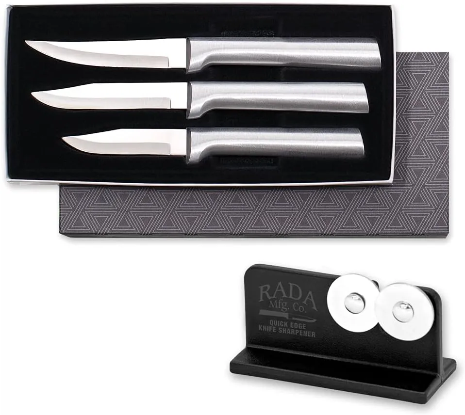 Rada Cutlery 3-Piece Paring Knife Galore Knife Gift Set with Quick Edge Sharpener, Silver Handles