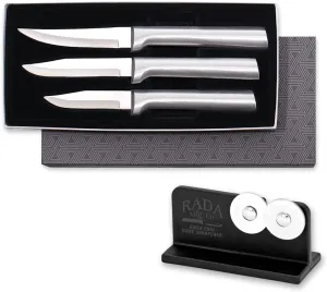 Rada Cutlery 3-Piece Paring Knife Galore Knife Gift Set with Quick Edge Sharpener, Silver Handles