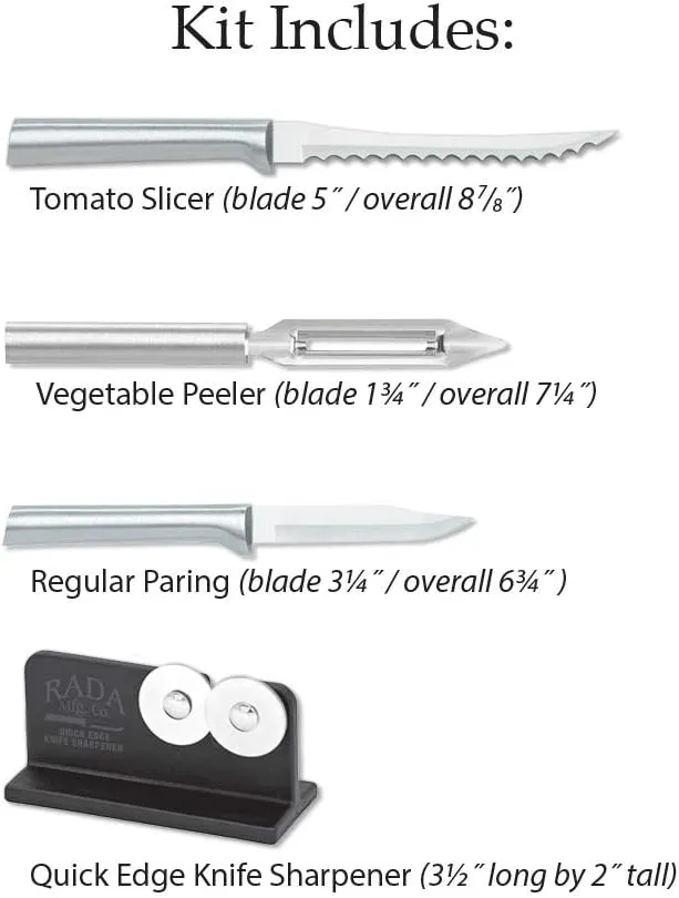 Rada Cutlery 3-piece Peel, Pare & Slice Knife Gift Set with Quick Edge Sharpener, Silver Handles